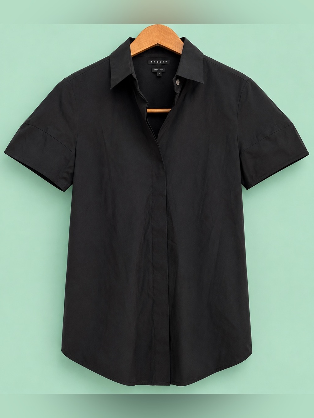 LADIES THEORY VINTAGE BLACK BUTTON-DOWN COTTON / SPANDEX SHORT SLEEVE SHIRT - S
